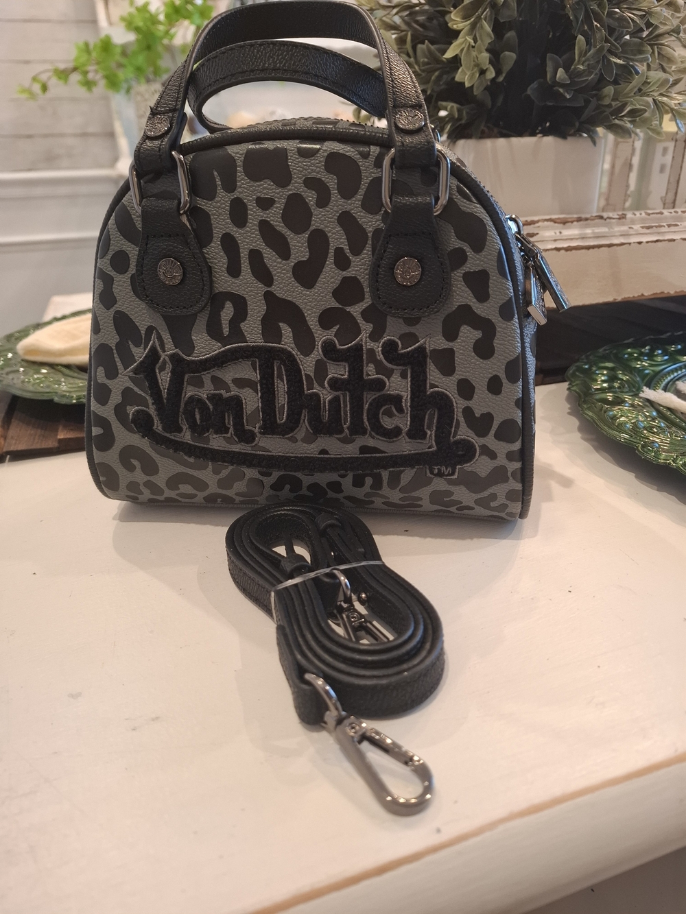 Von Dutch Black & Gray Leopard Mini Satchel